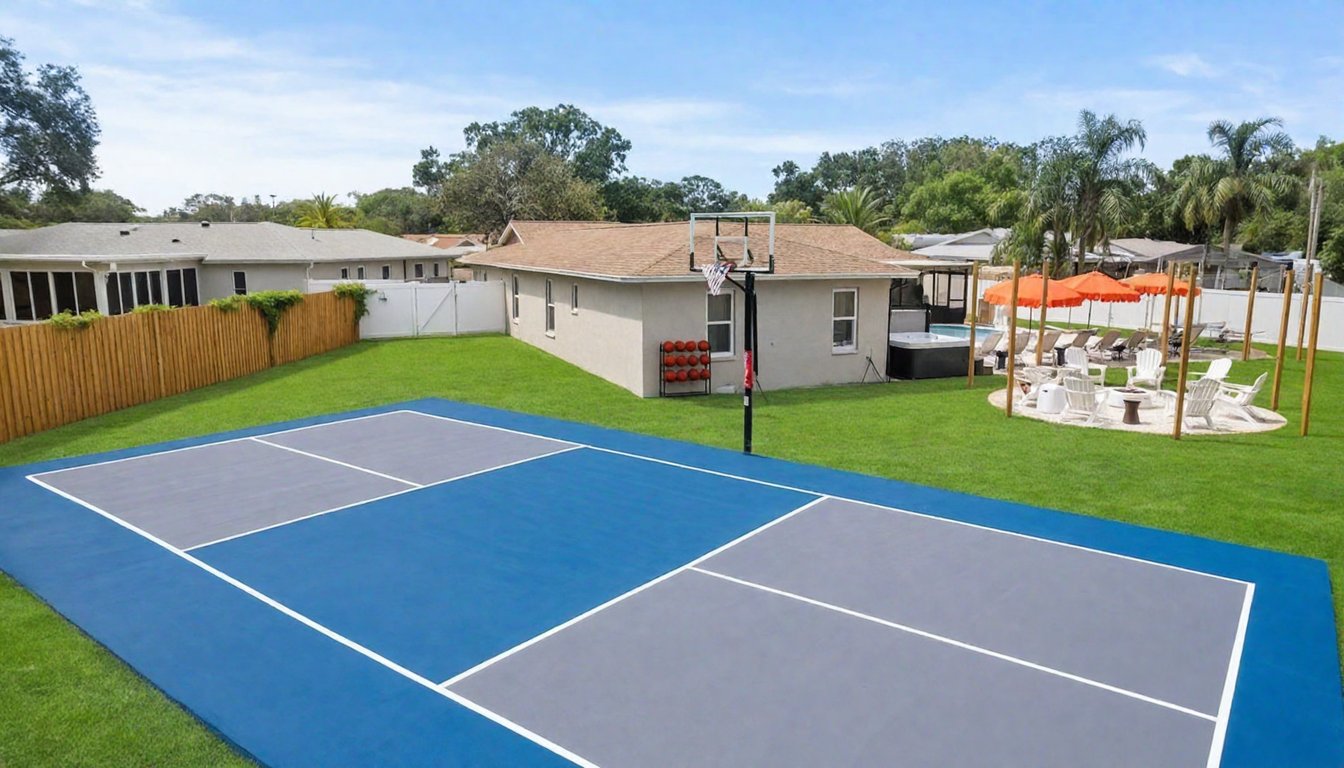 After: a blue and gray pickleball court with a basketball hoop, orange umbrellas, hot tub and fire-pit lounge behind a single-story home in golden light