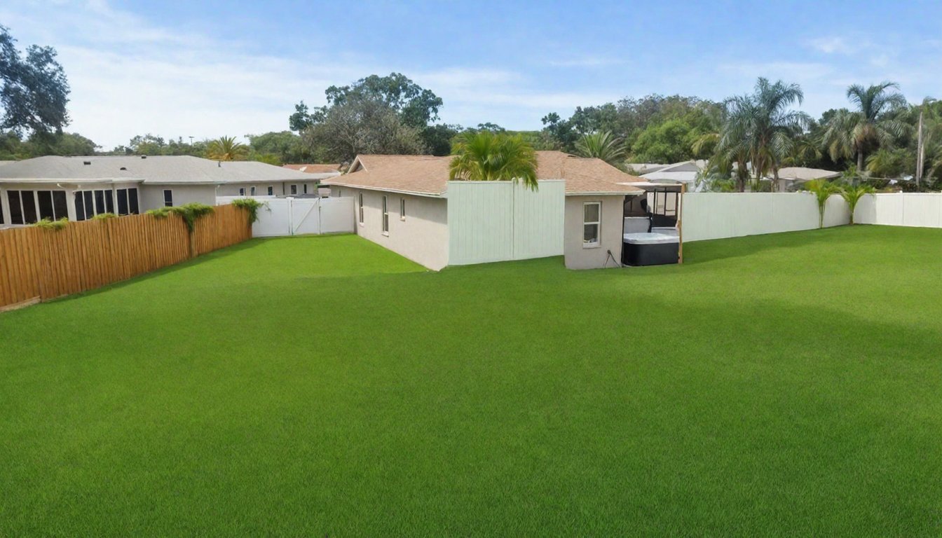 Before: the same lawn behind the same home and white fence, empty, before the court and lounge went in