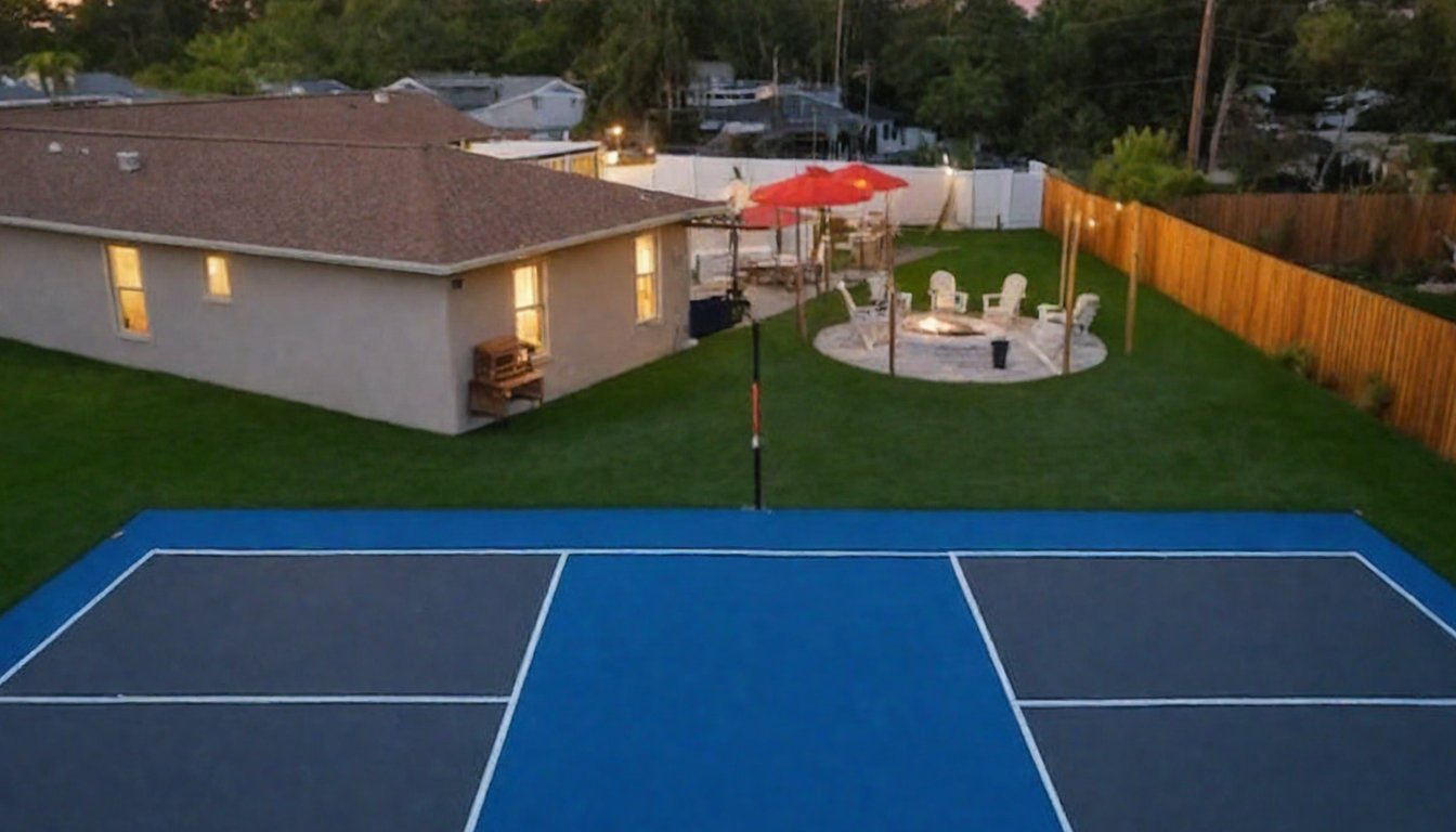 A round paver fire-pit lounge with adirondack chairs and string lights glowing beyond a dark-blue court against a dusk sky, the home's windows lit warm