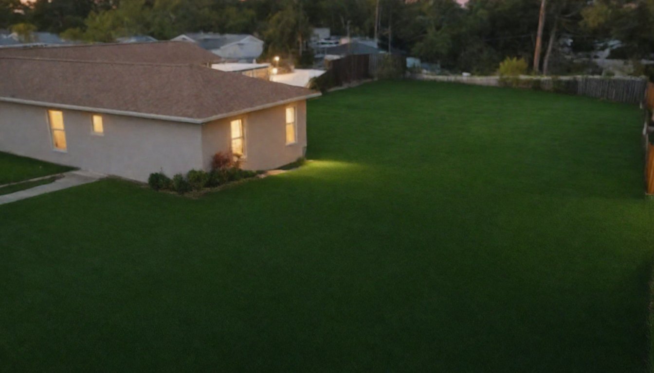 Before, at the same dusk hour: the identical lawn beside the lit home, empty, before the court and fire-pit lounge were built