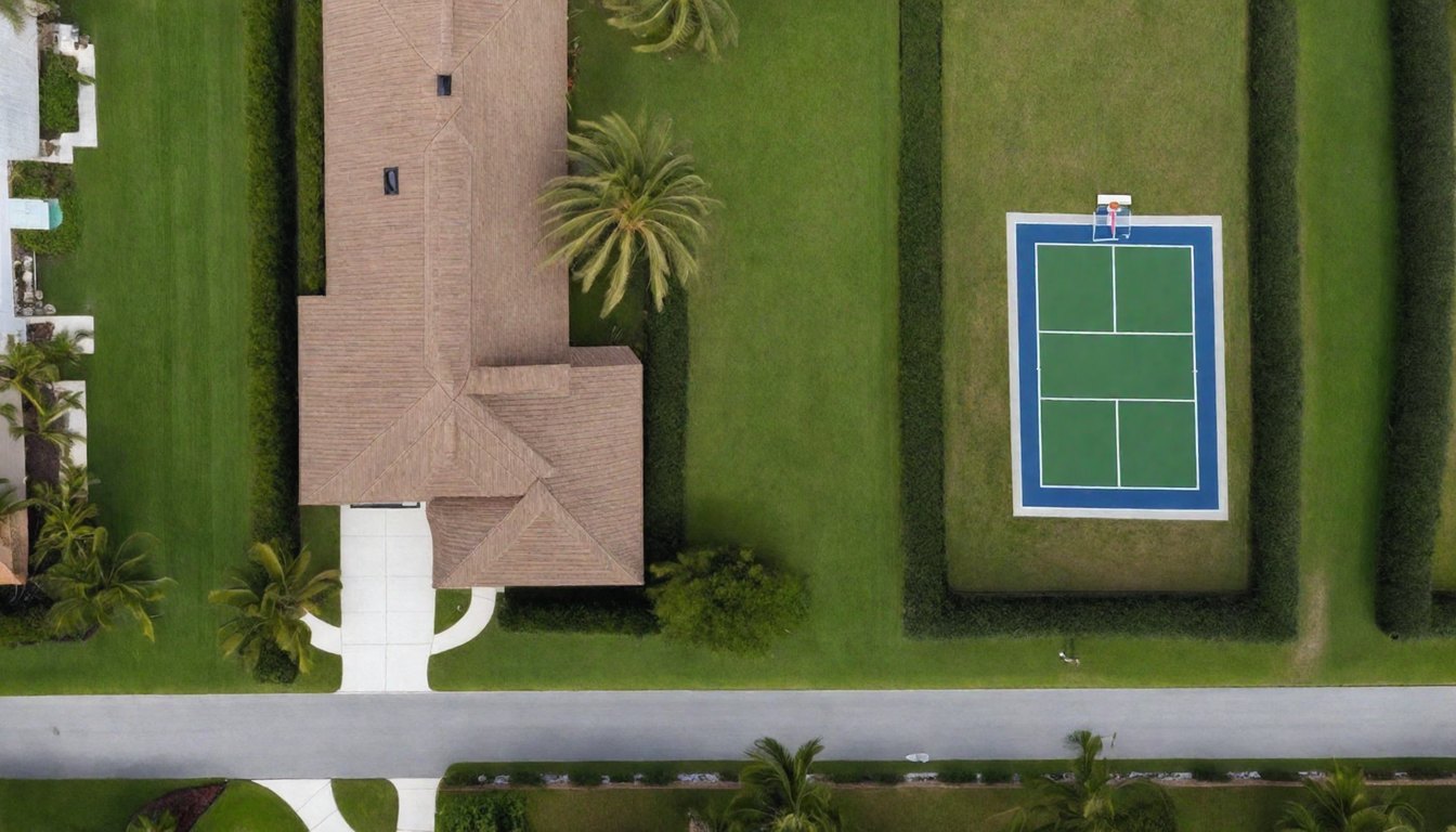 After, from above: a professional blue and green pickleball and basketball sport court with crisp white lines, built on the same manicured lawn beside the home