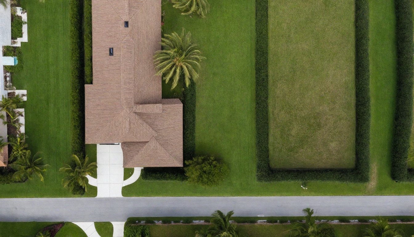 Before, from the same aerial angle: the identical estate lawn beside the same roof and fence, nothing built yet