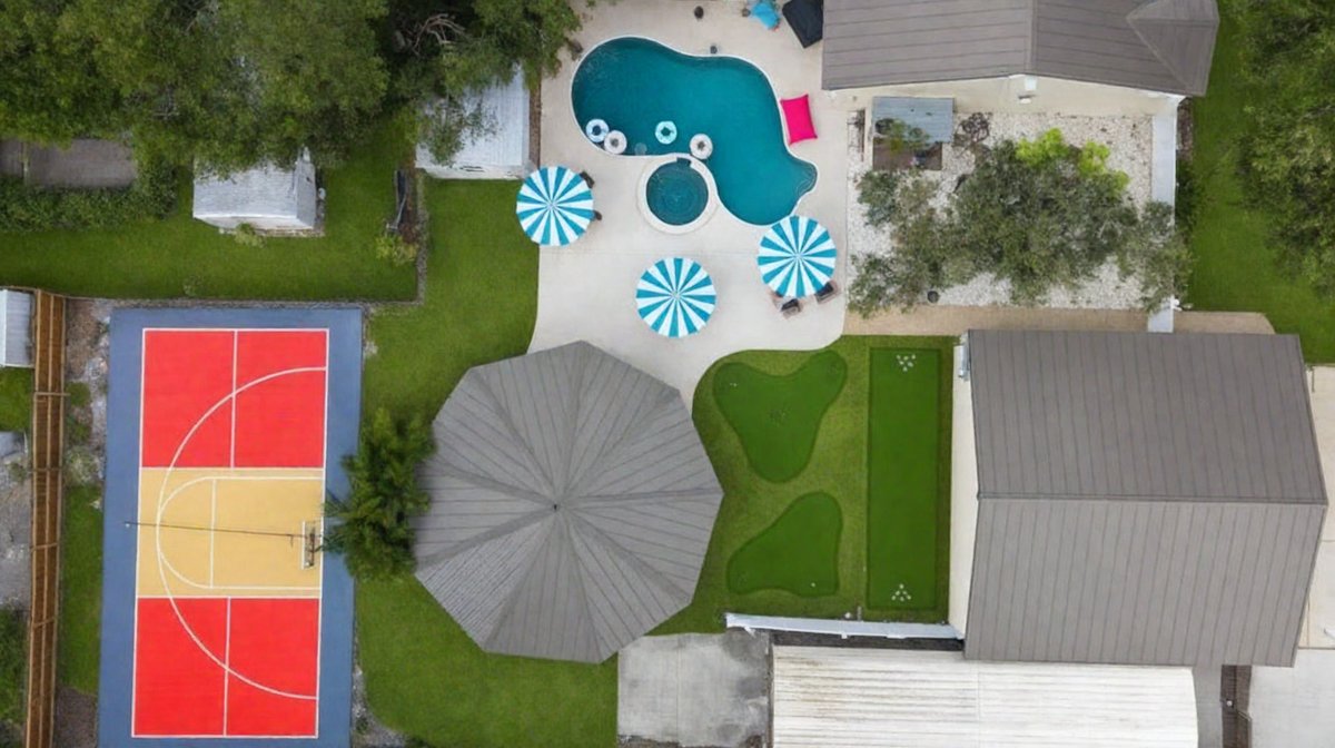 Top-down view of a green putting green and mini-golf lawn beside a pool and a red and yellow court in warm afternoon light