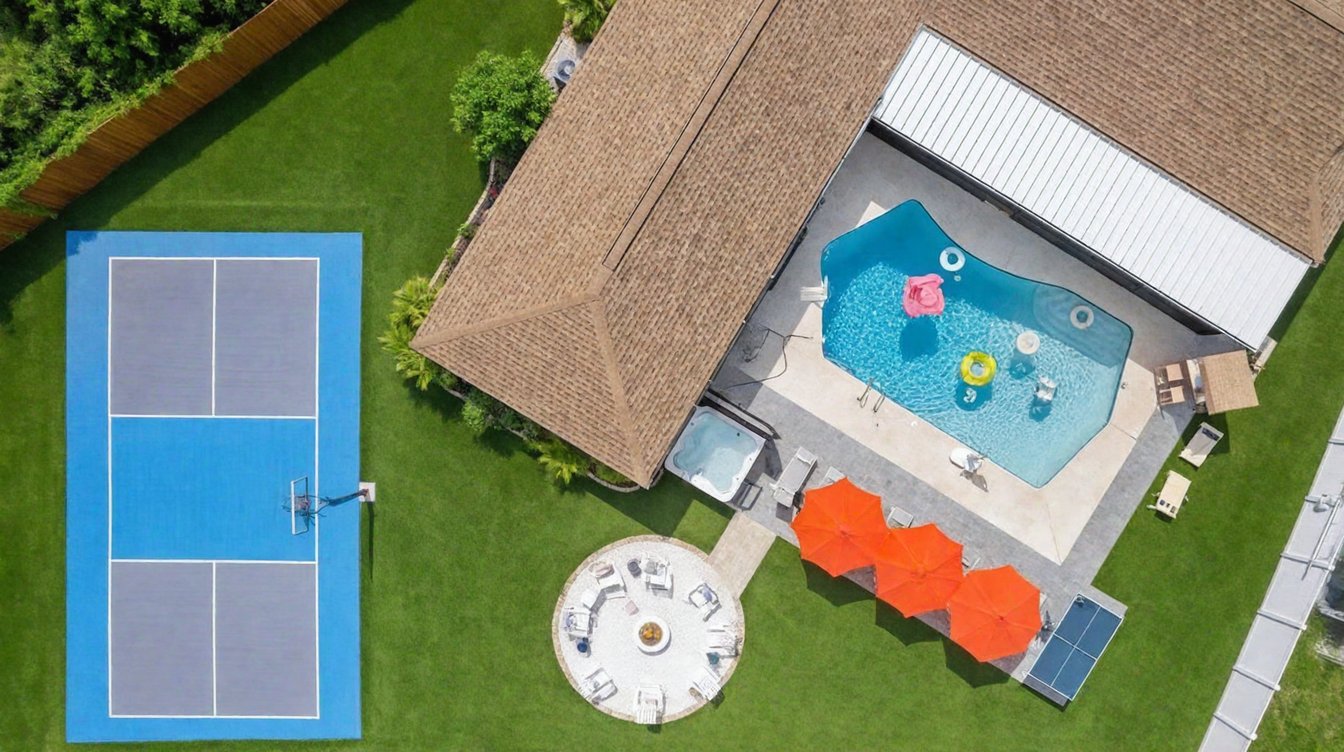 Aerial of a finished GR backyard in soft early light: pool with floats, pickleball court, orange umbrellas and a paver fire-pit circle