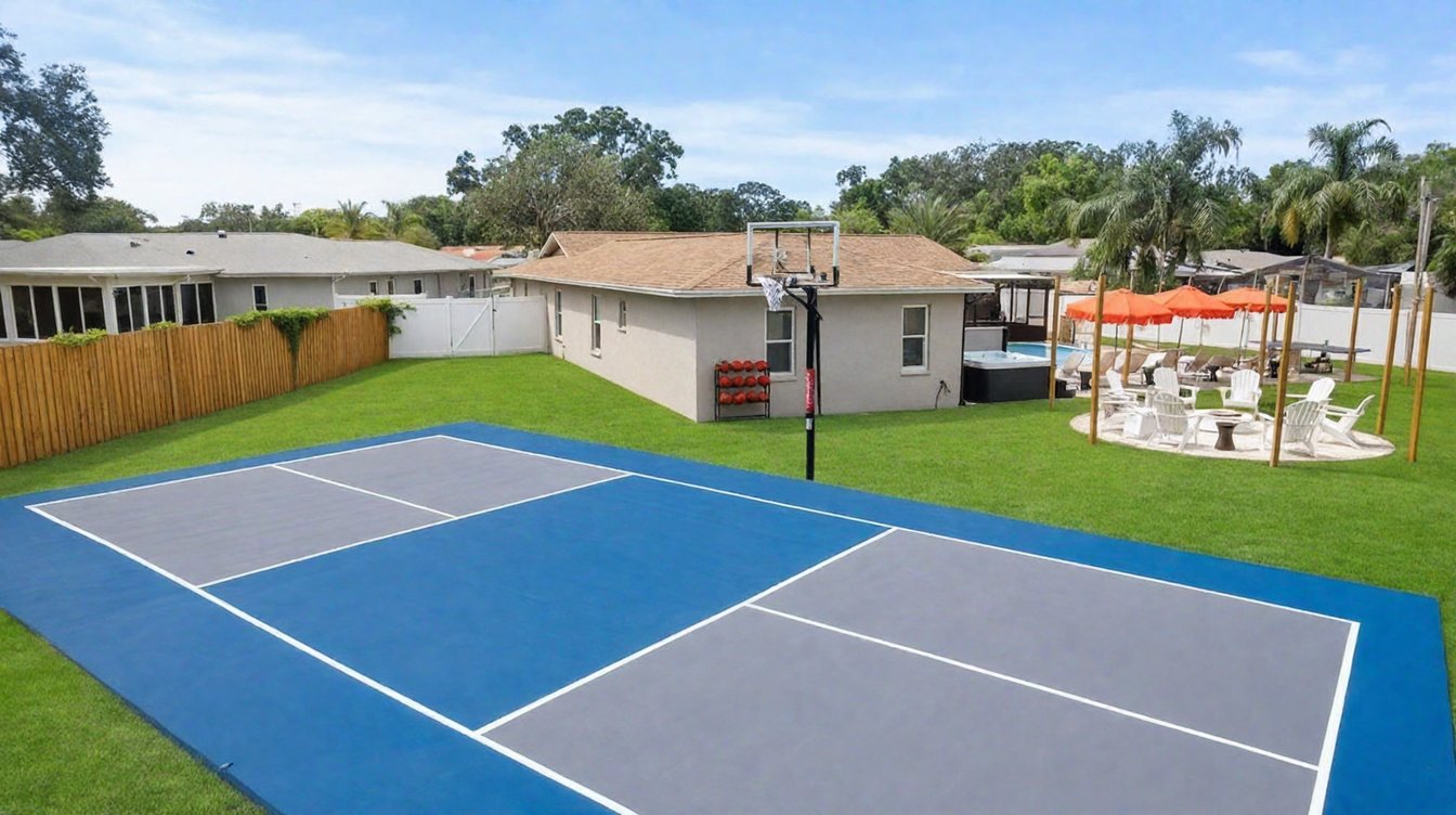 A finished GR backyard at golden hour: a blue and gray pickleball court in front, a basketball hoop, orange umbrellas, a hot tub and an adirondack fire-pit lounge beyond, framed by palms and a Florida sky