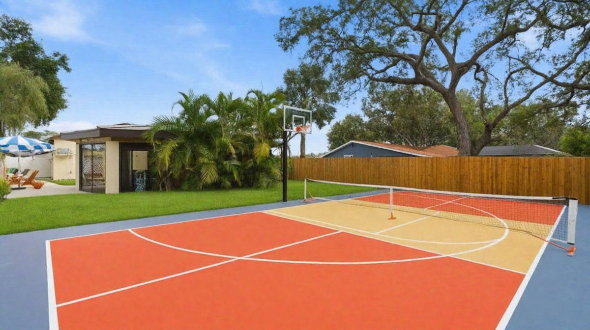 An orange and tan sport court glowing amber as the sun drops low, framed by palms and a live-oak canopy over the backyard