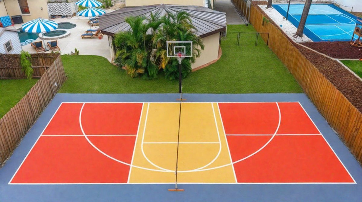 Ground-level orange and tan basketball court with white lines under a tropical Florida sky