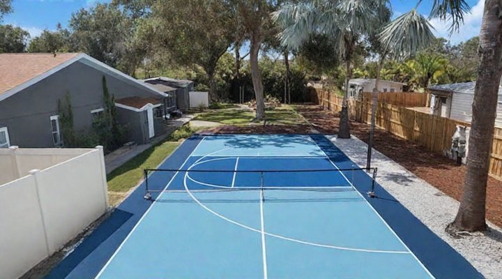 A light-blue pickleball court along a side yard in bright daylight, white vinyl fence and palms behind