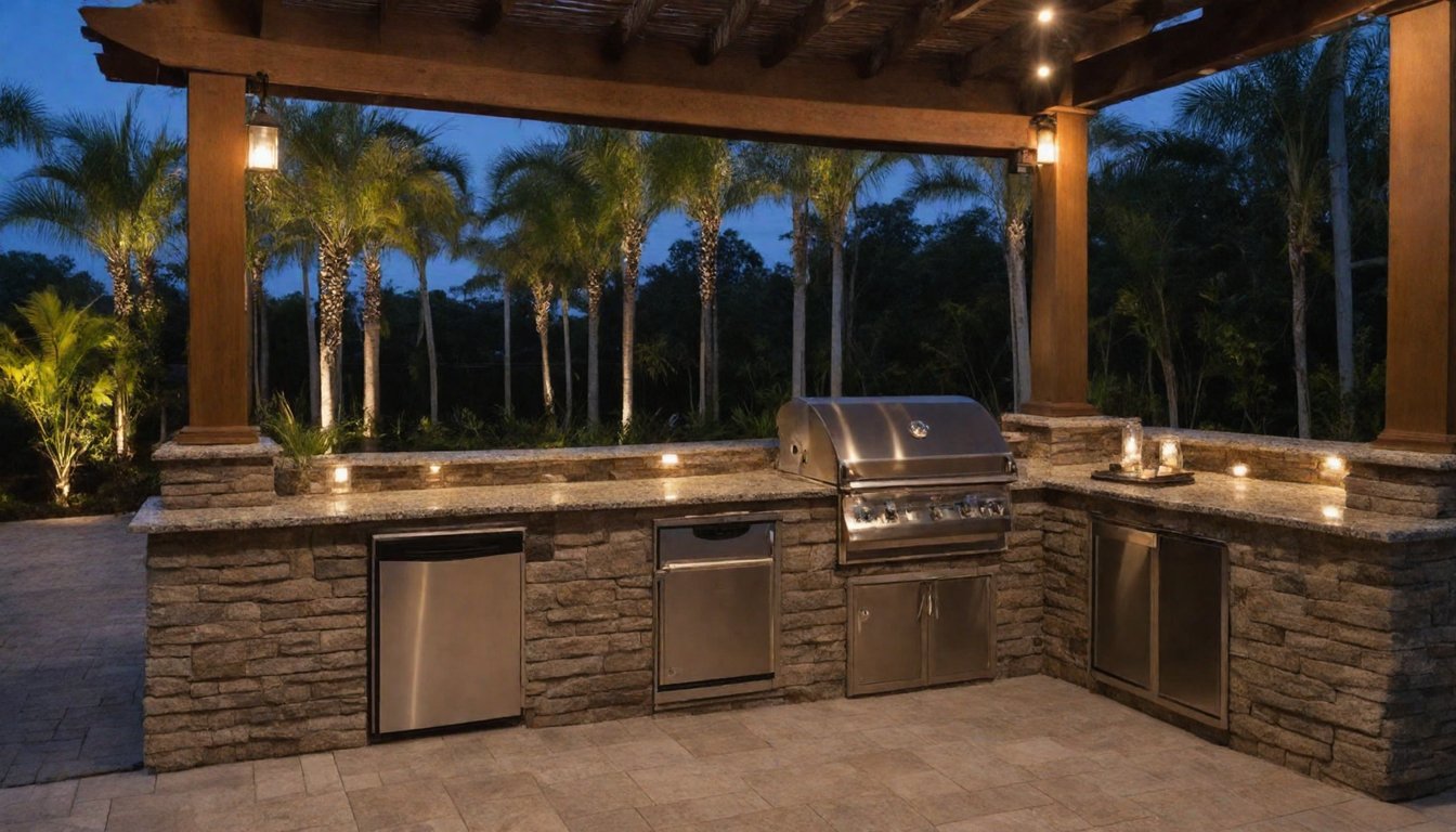 A stone outdoor kitchen island with grill and bar seating