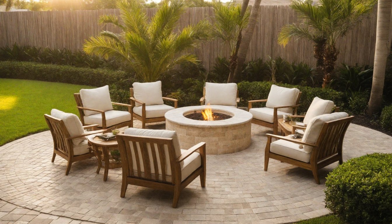 A herringbone paver patio and walkway in warm afternoon light