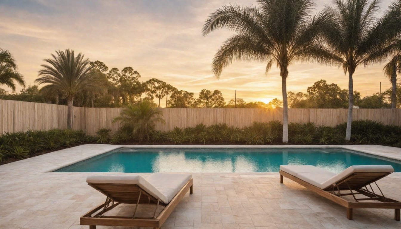 Morning light over a GR pool with a paver deck and lounge chairs