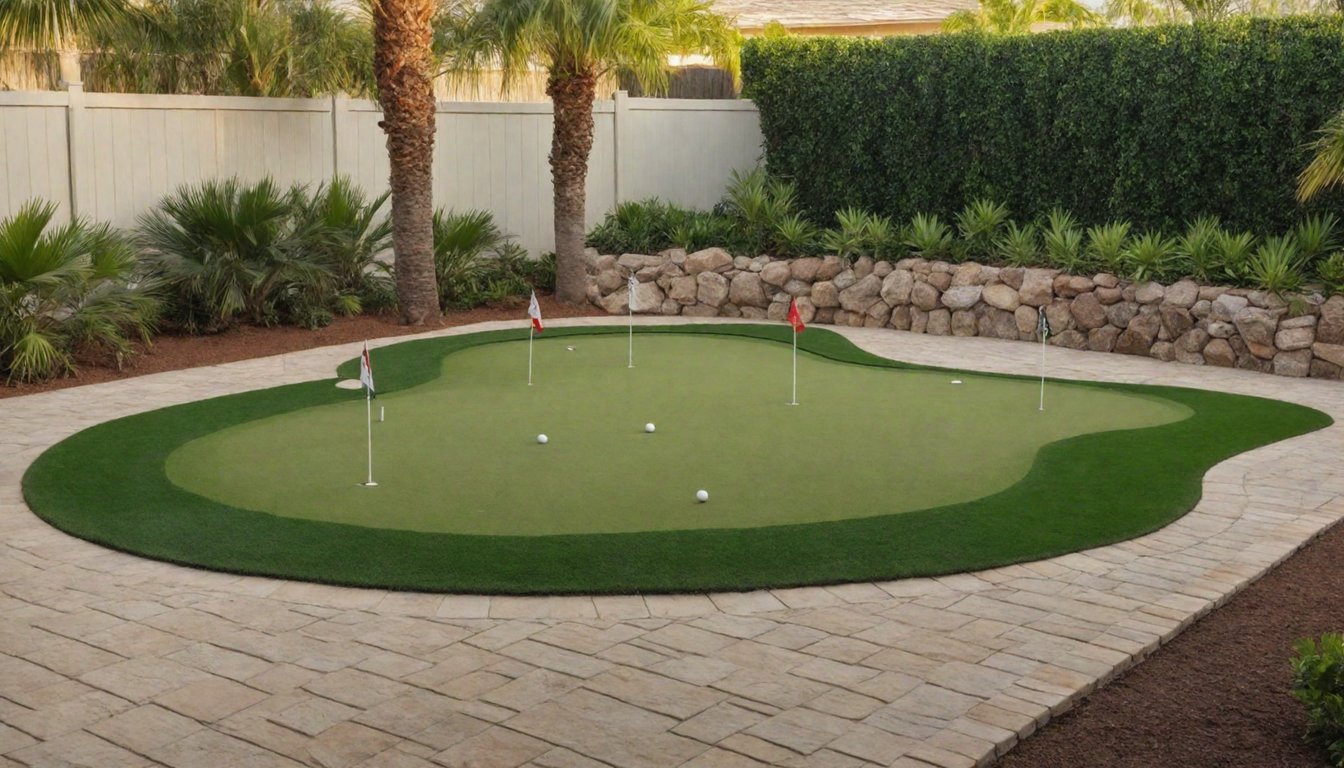 A backyard putting green with a flagged cup and contoured turf