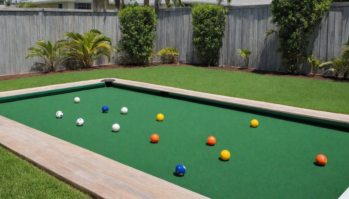 A giant snookball table court with soccer balls in a backyard
