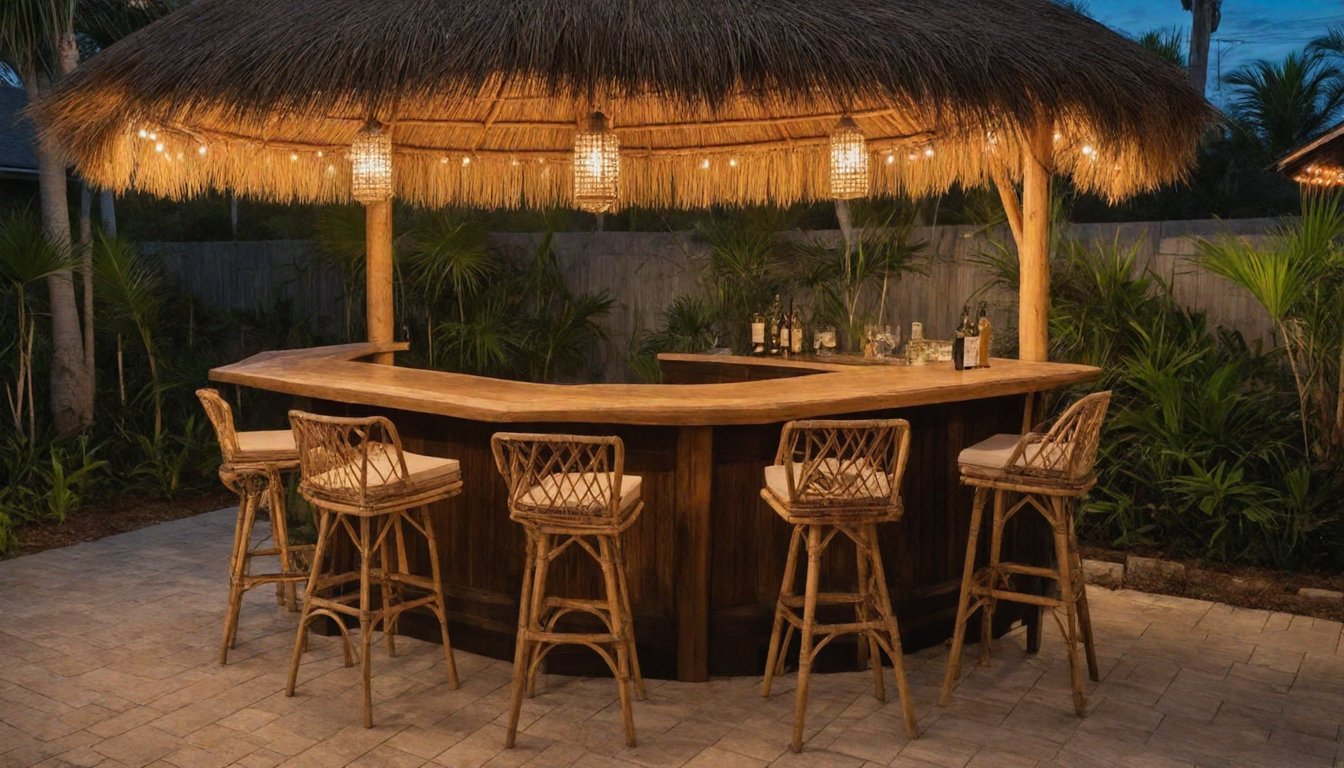 A thatched-roof tiki bar with barstools glowing warm at dusk